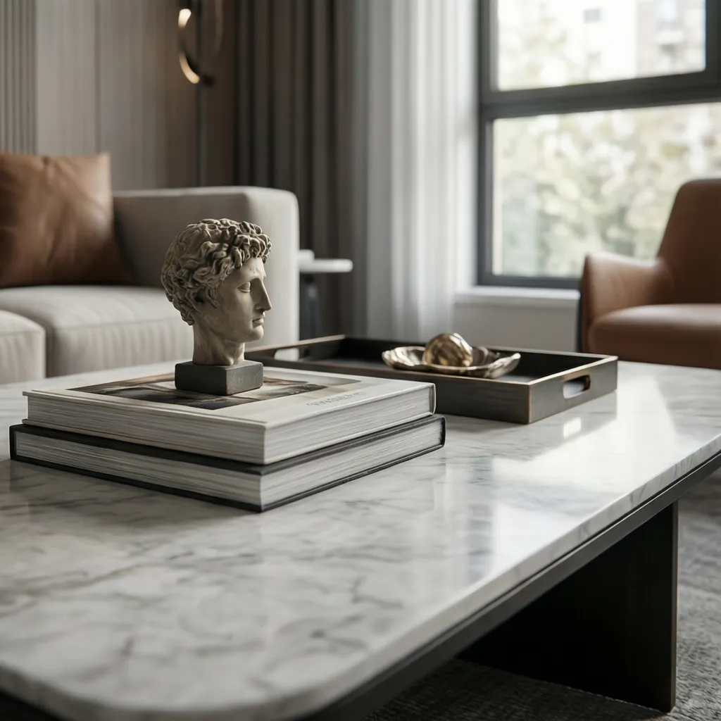 decorative sculpture placed on stacked coffee table books