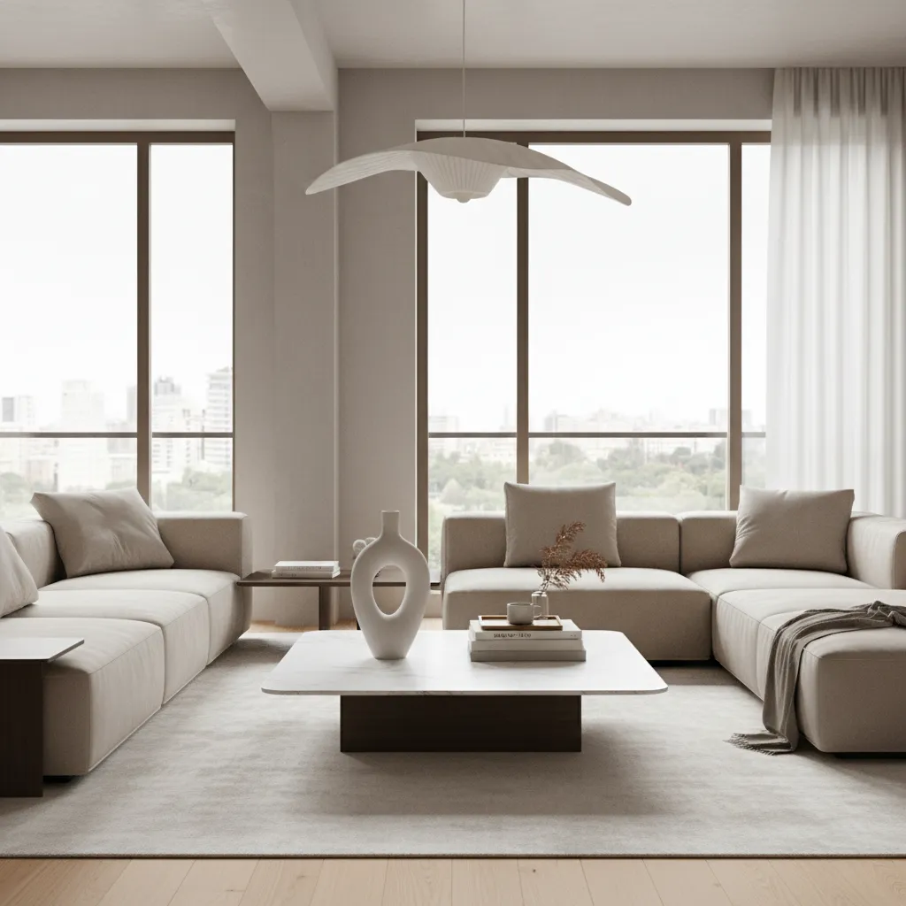living room coffee table with decorative sculpture centerpiece