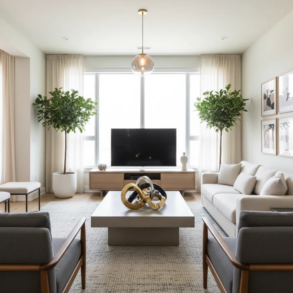 modern living room coffee table styled with sculpture centerpiece