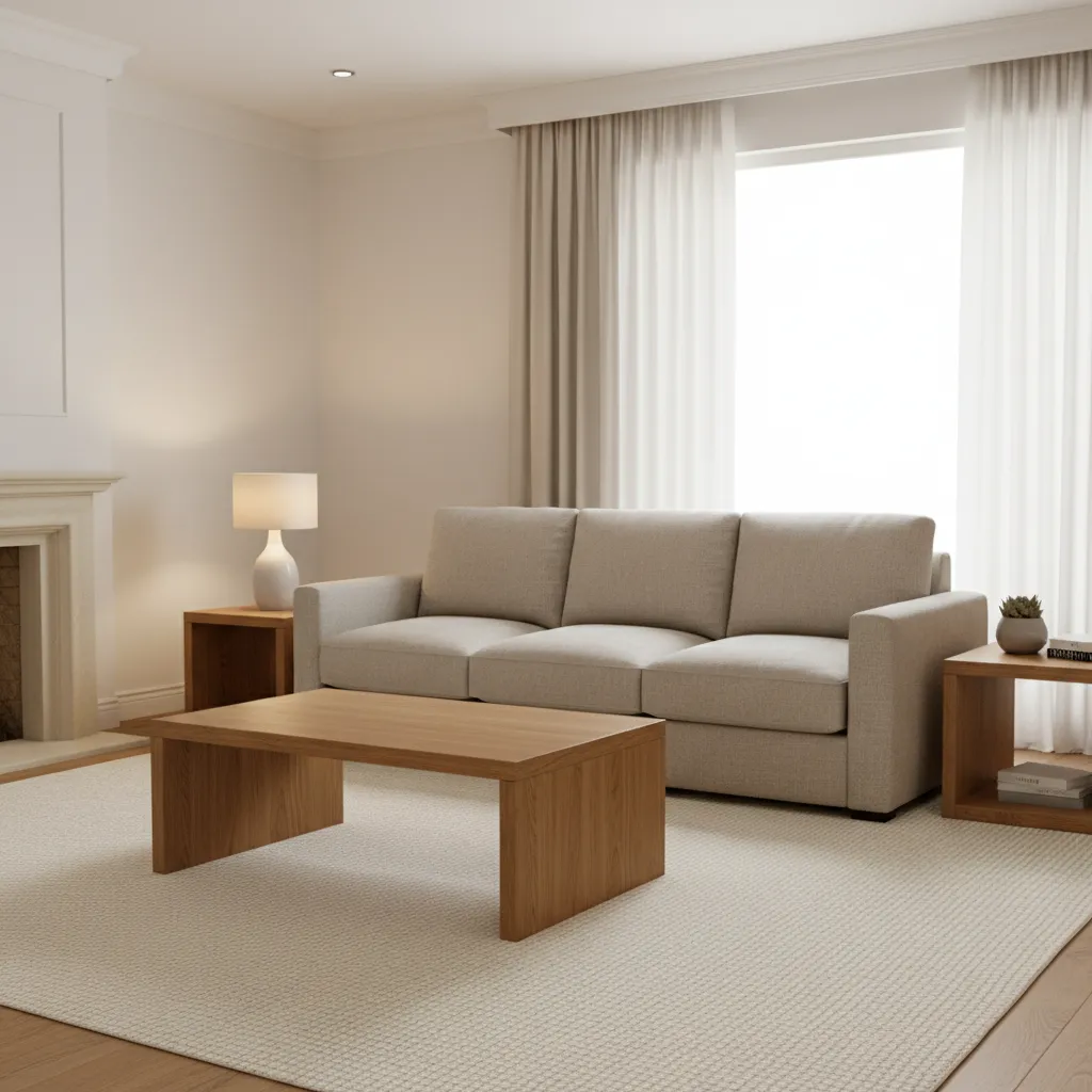 living room seating area with proportional coffee table and side tables