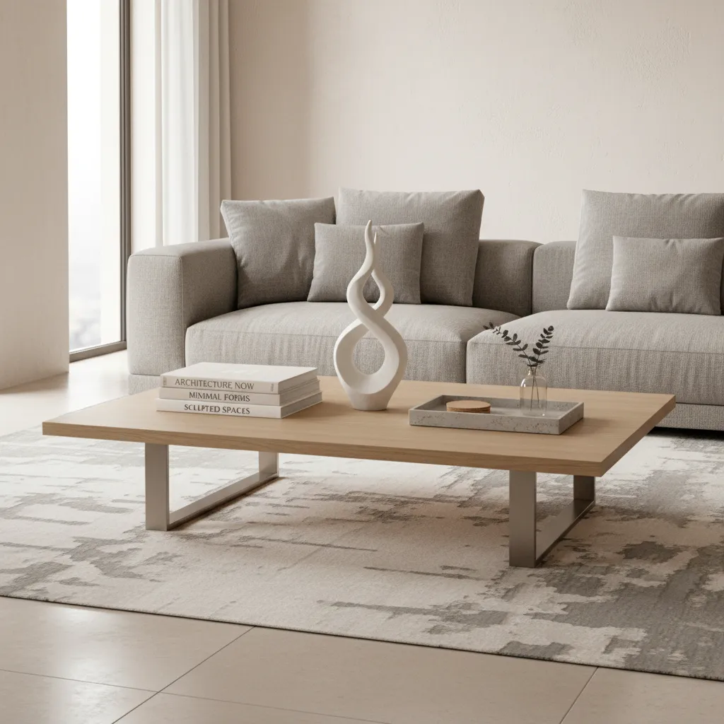 Coffee table with statue centerpiece styled with books and tray