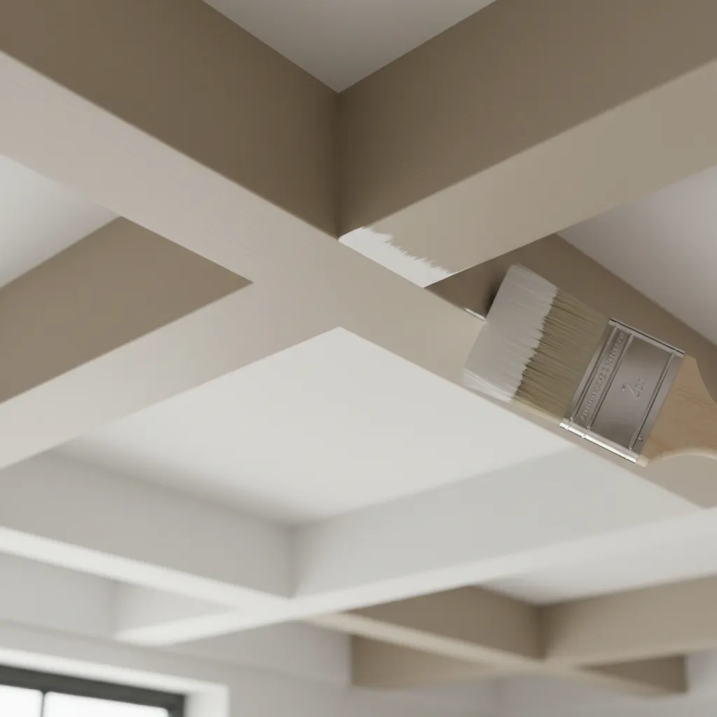 Close up of painting clean edge between coffered ceiling beam and panel
