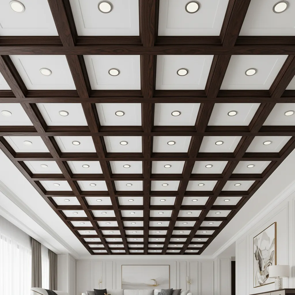 Coffered ceiling with dark beams and light recessed panels