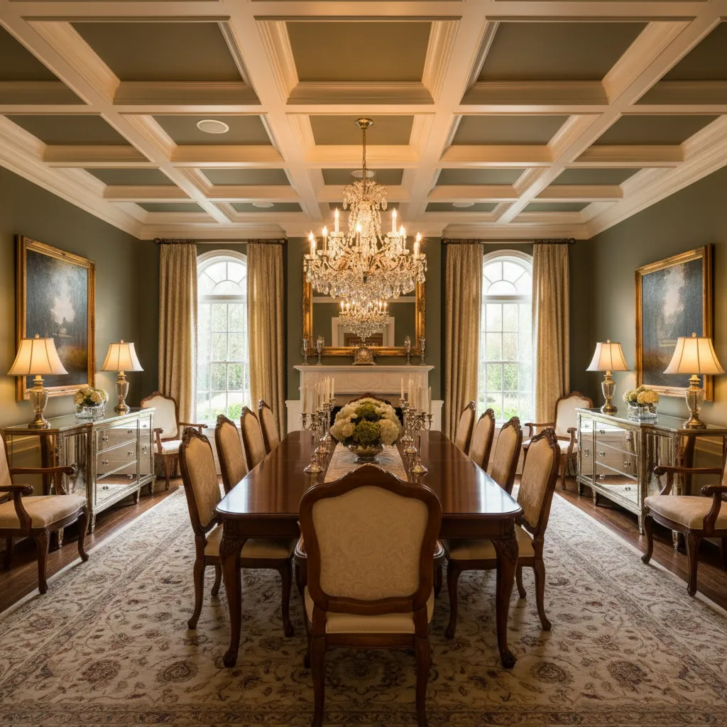 coffered dining room ceiling with crown molding trim