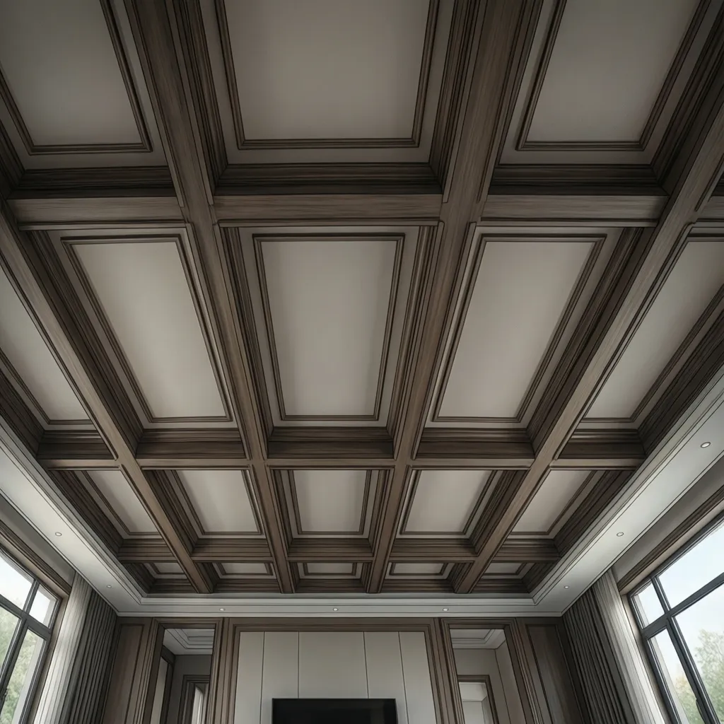 painted coffered ceiling highlighting geometric beam layout in living room