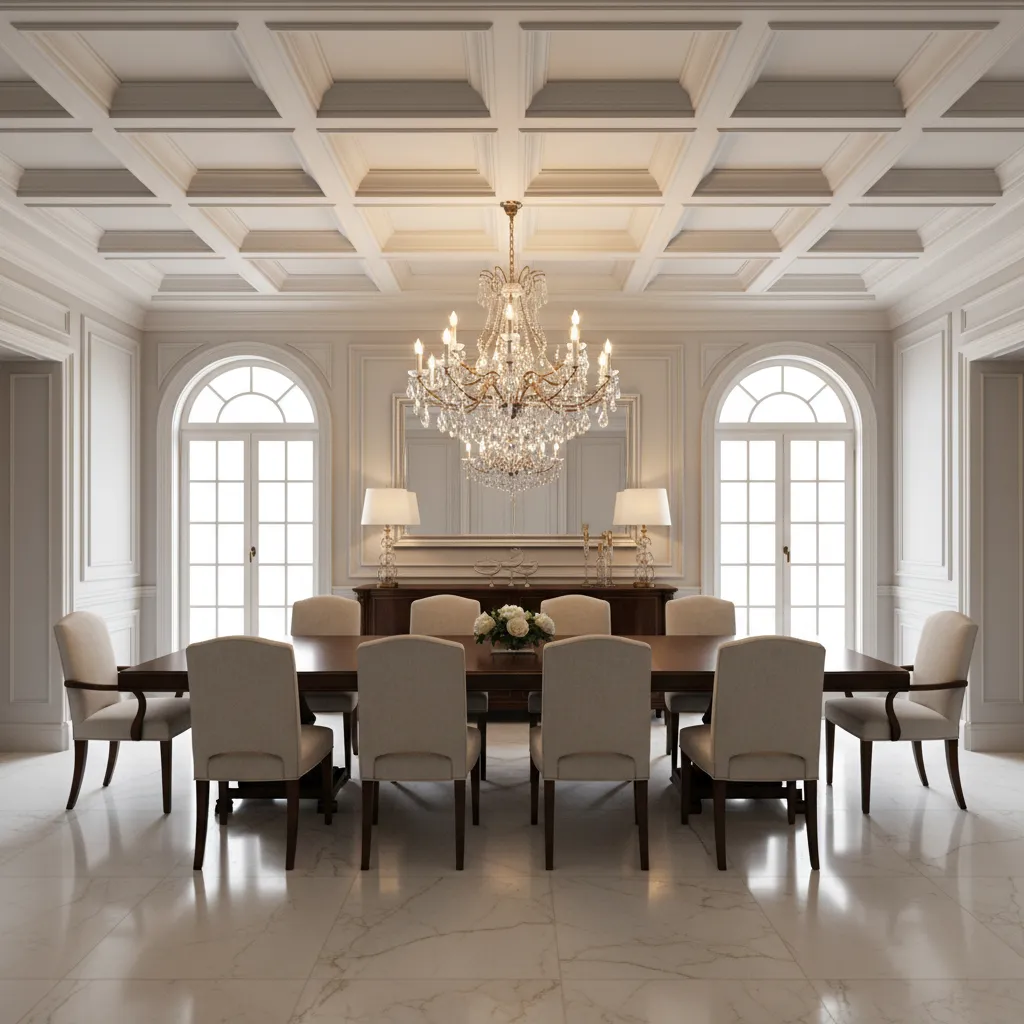 lighting and shadow effect on coffered ceiling beams