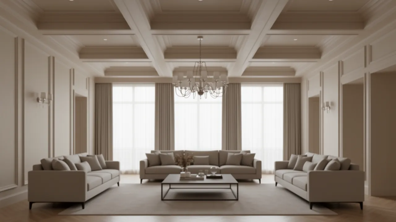 Classic coffered ceiling design in upscale living room