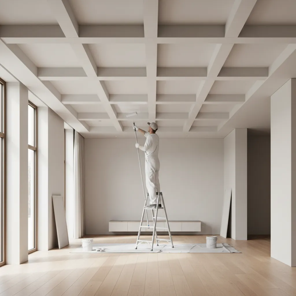Painter working on coffered ceiling beams with brush and roller