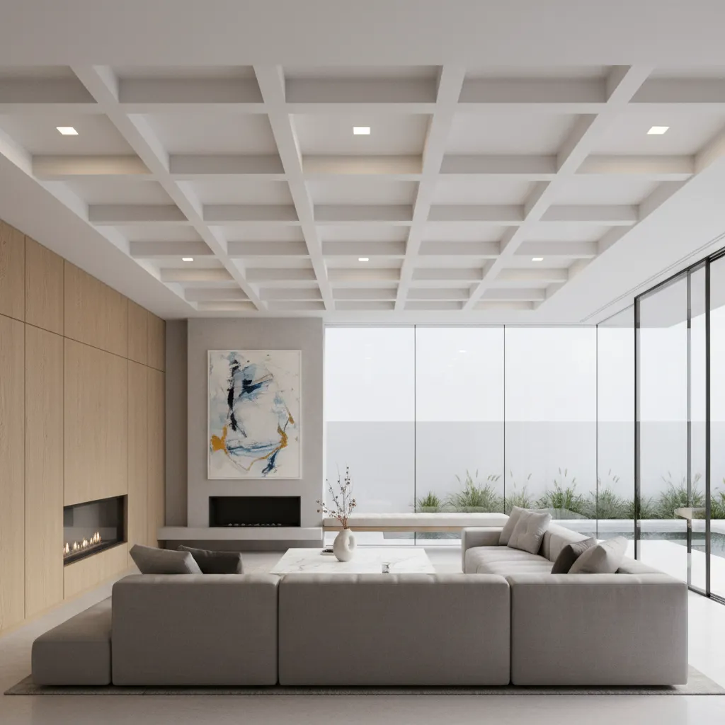 architectural view of coffered ceiling grid with beams and recessed panels