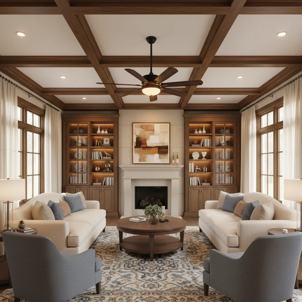 living room coffered ceiling with ceiling fan centered in middle panel