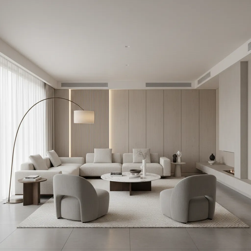 Salón contemporáneo equilibrado con paleta de colores neutra