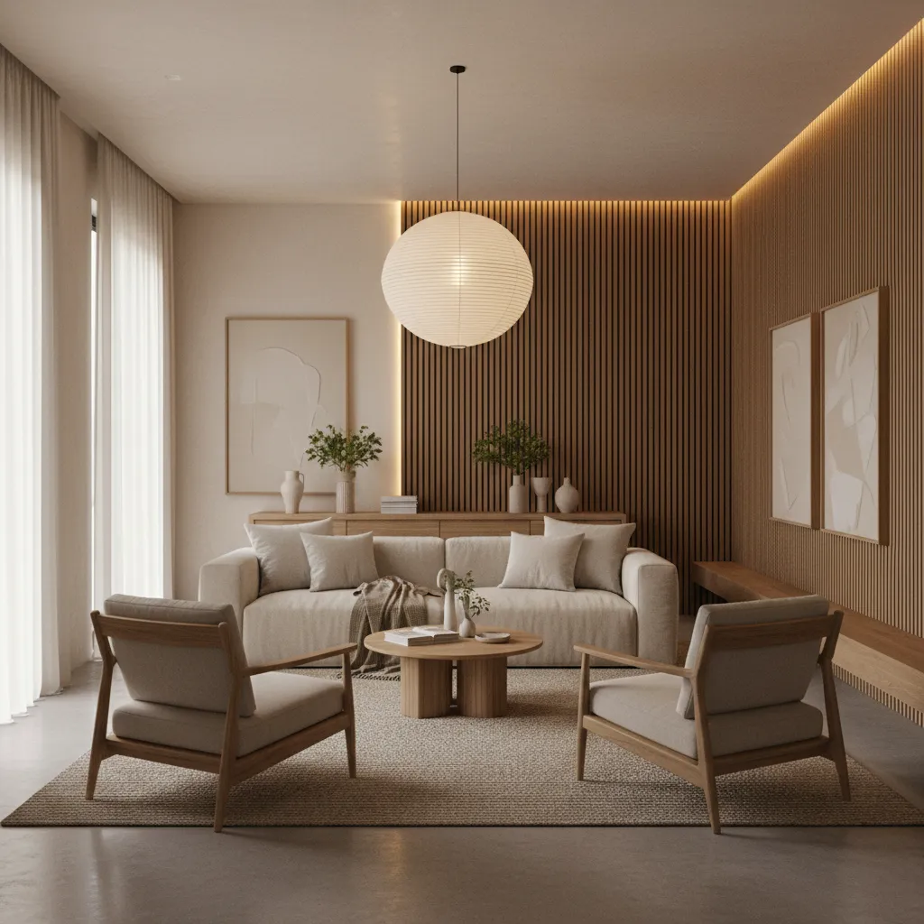 Salón moderno con paleta de colores coherente y materiales naturales