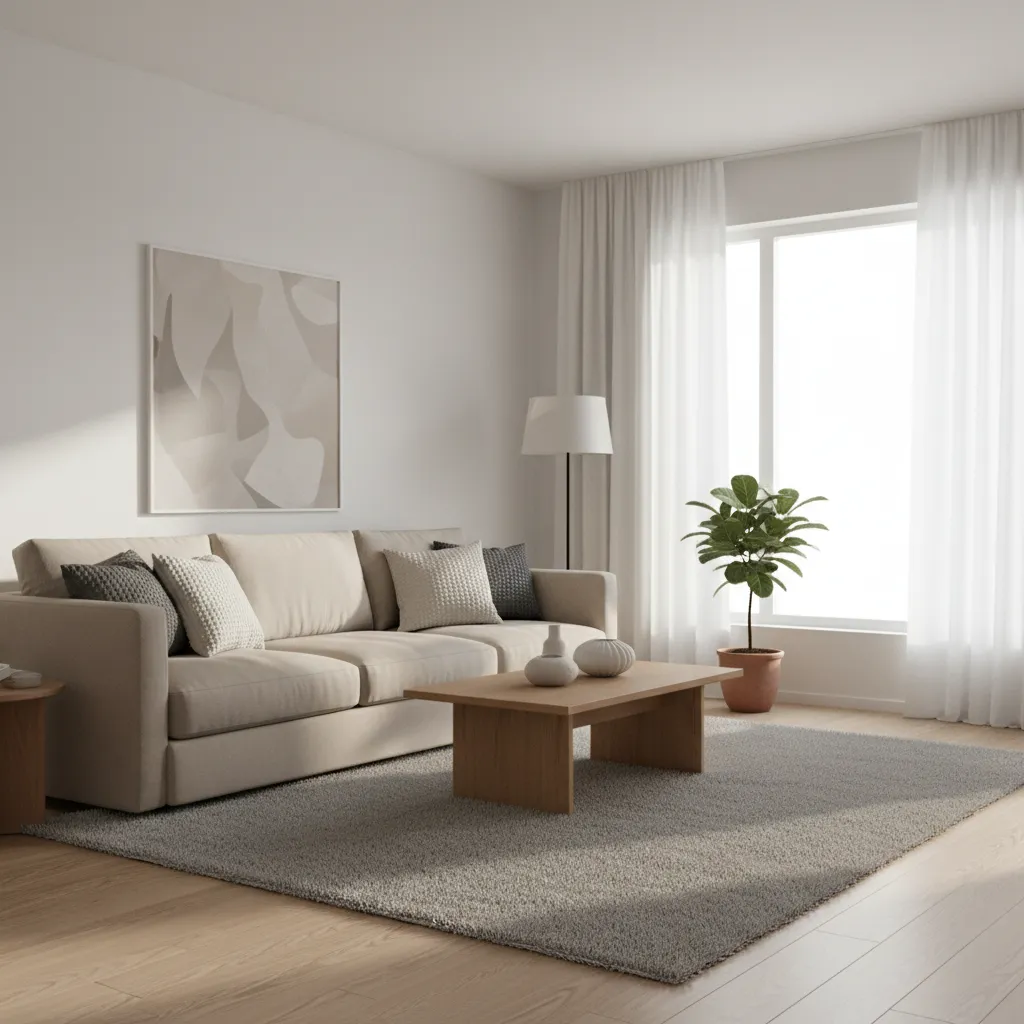 Living room with cohesive neutral color palette and coordinated decor