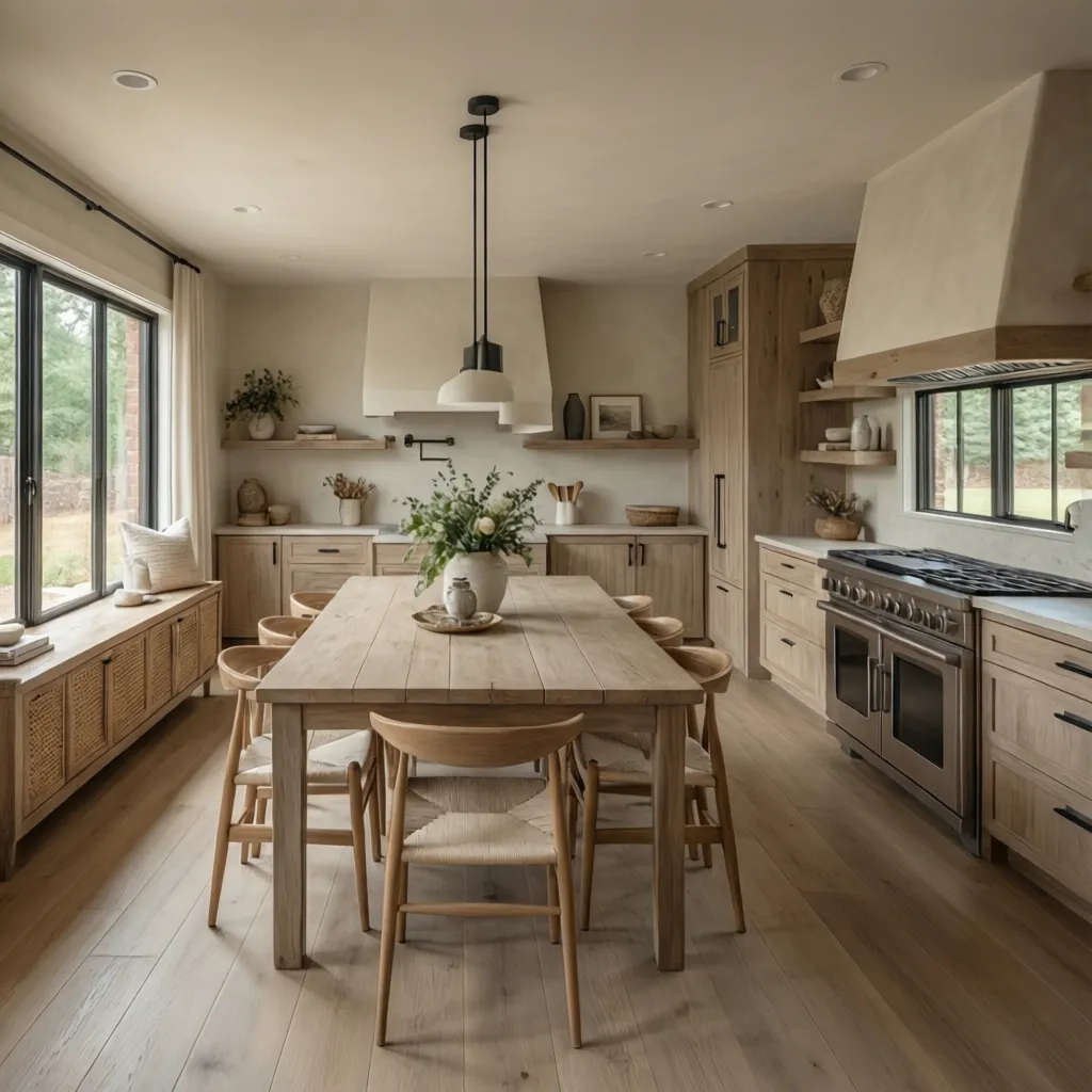 Open floor plan with cohesive neutral color palette across living dining and kitchen