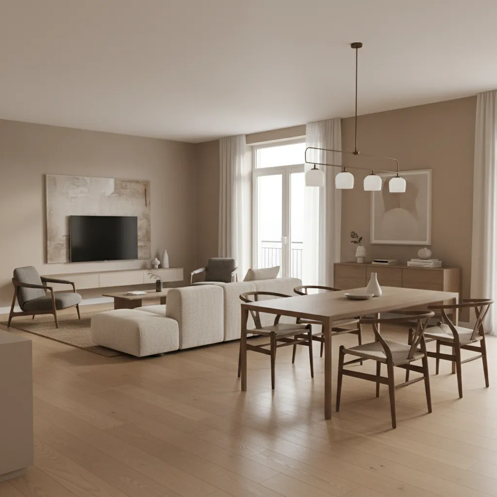open plan home interior showing consistent neutral paint colors flowing between rooms
