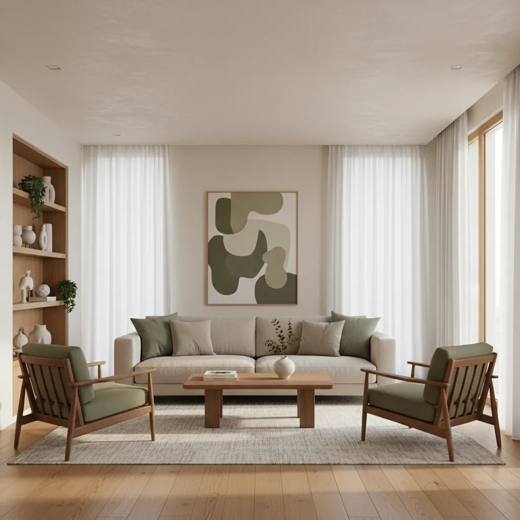 Living room with warm white walls oak furniture and green accents showing cohesive home color palette
