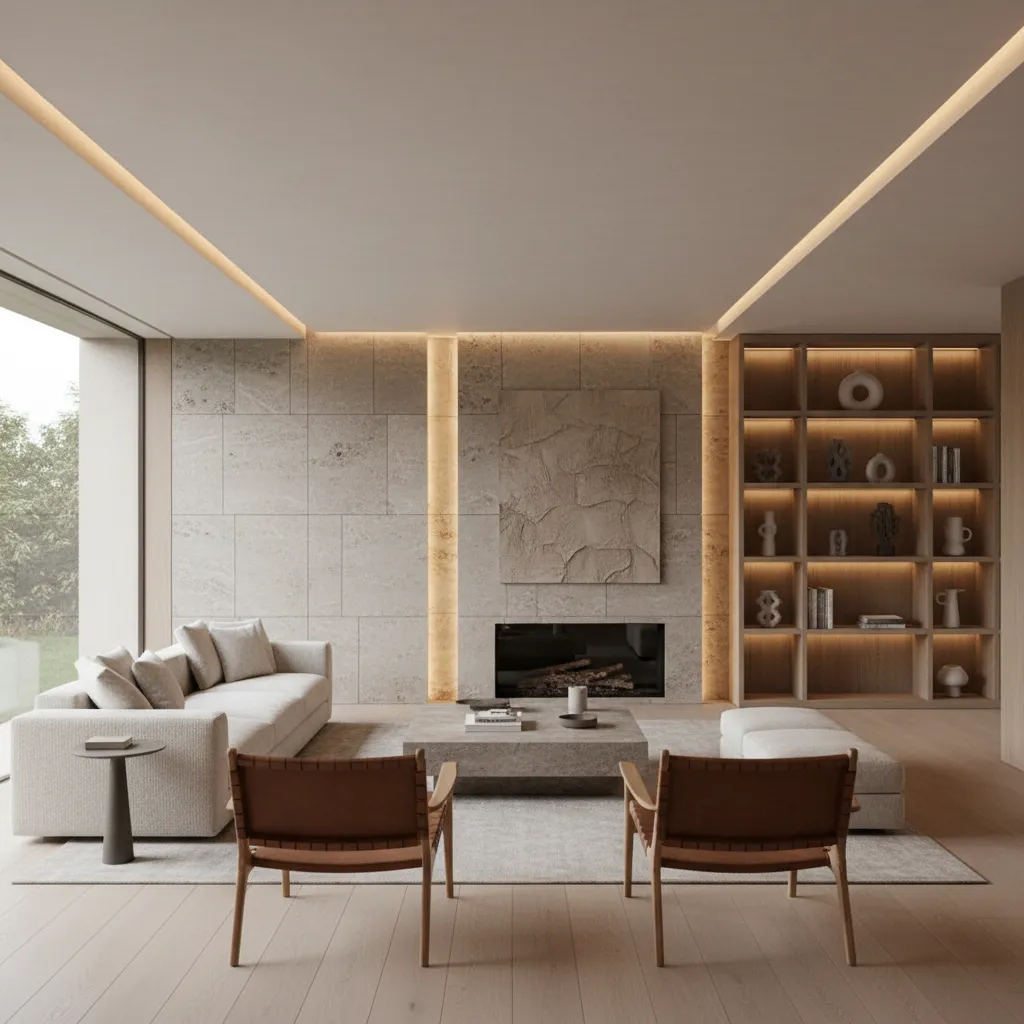 Salón contemporáneo donde colores, materiales y muebles siguen un mismo concepto