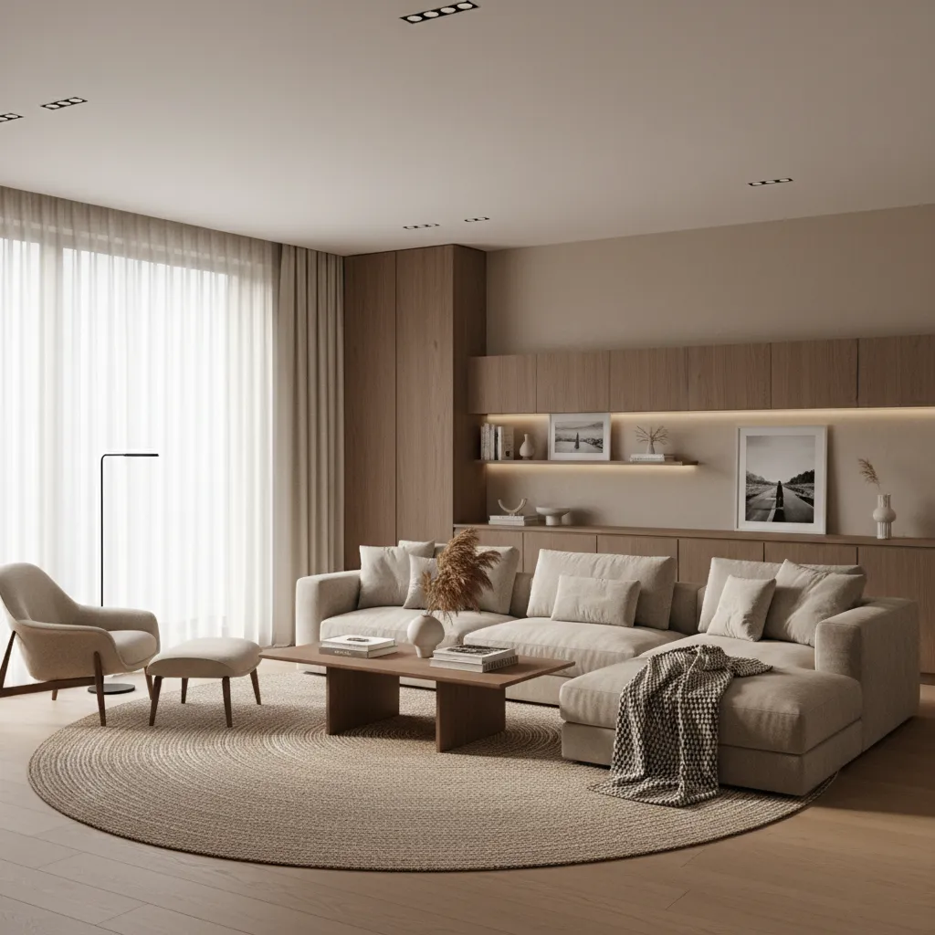 living room interior demonstrating cohesive palette with repeated materials