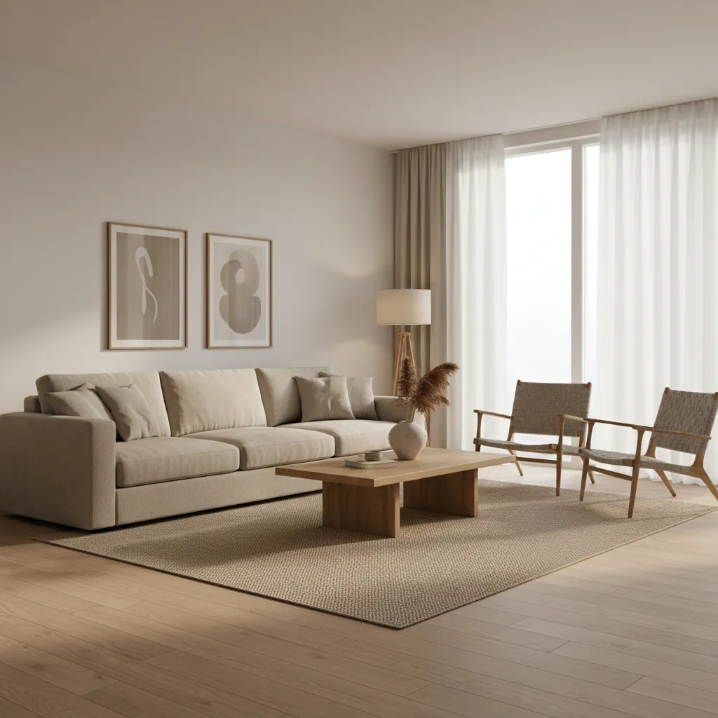 Modern living room with unified color palette and materials creating visual cohesion