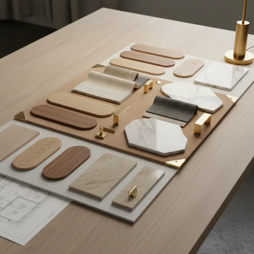 interior design material palette with wood stone and fabric samples