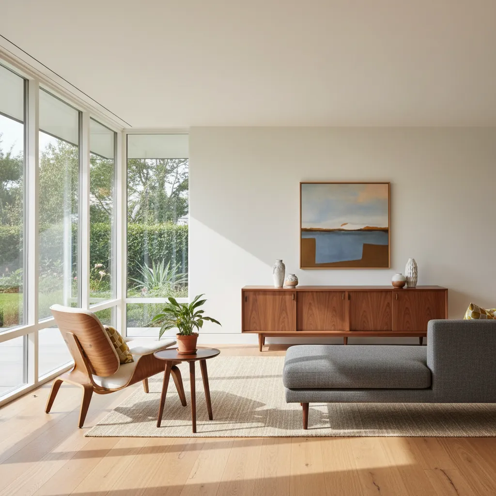 cohesive mid century modern living room with walnut credenza and lounge chair