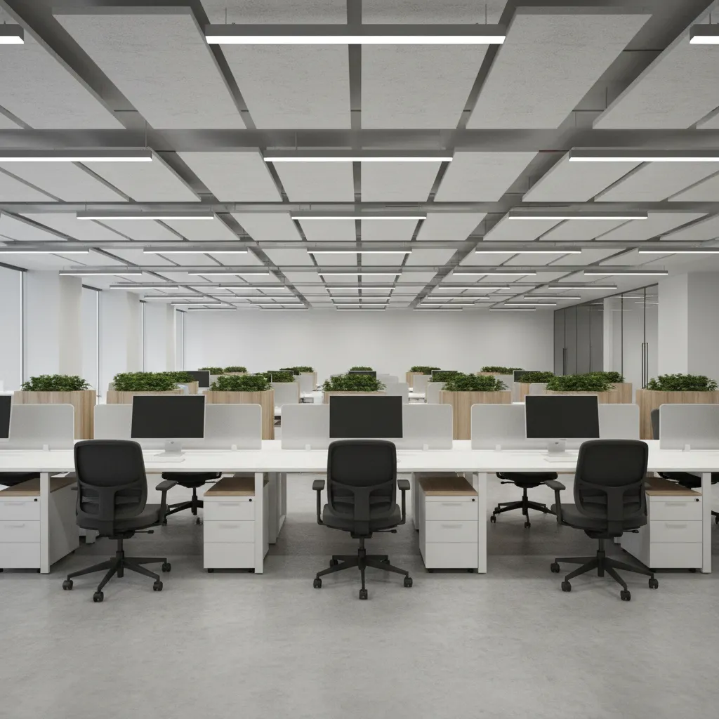 Modern office interior with consistent workstation design and lighting