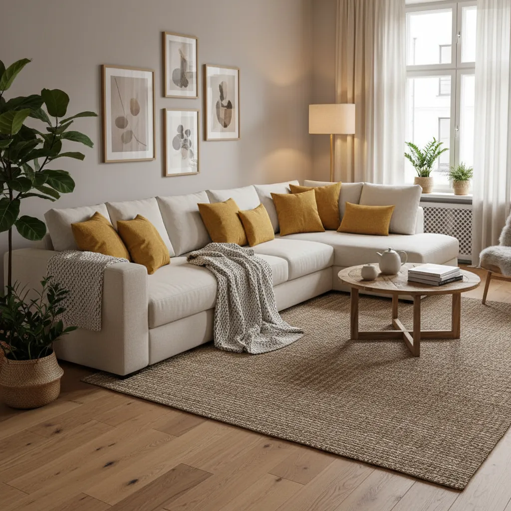 Cojines mostaza en sofá neutro