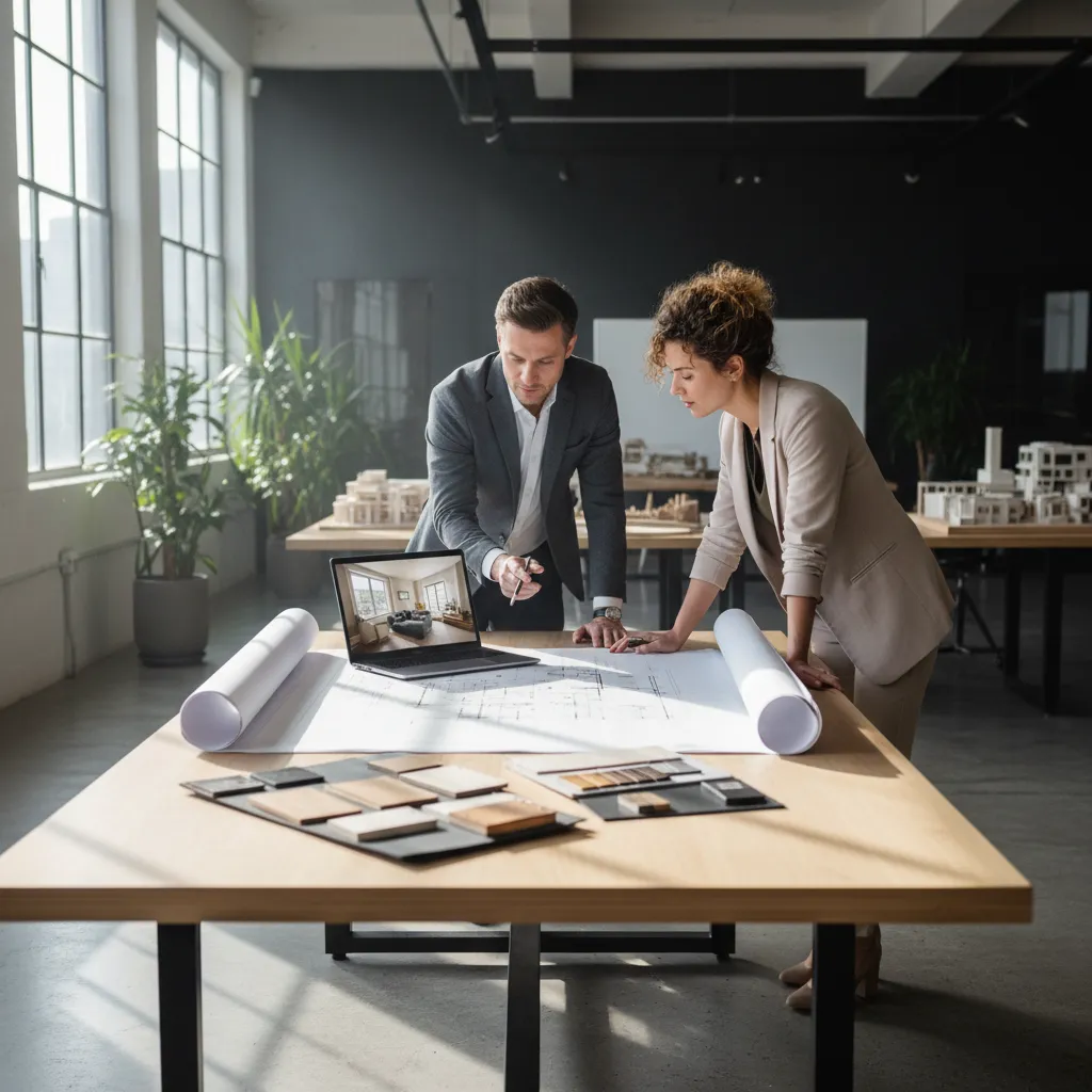 Arquitecto e interiorista revisando planos de una vivienda moderna