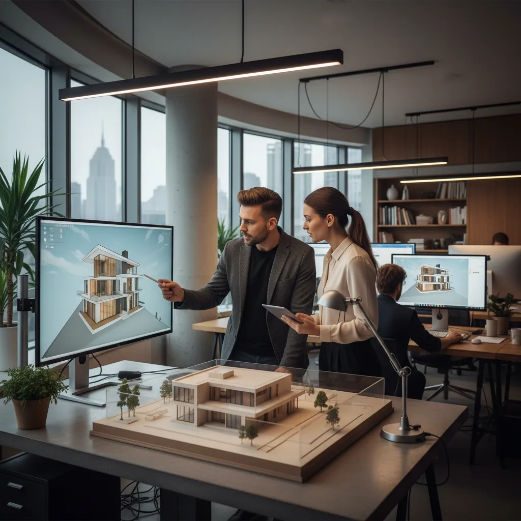 Two people looking at a 3D house model on a screen in a modern office