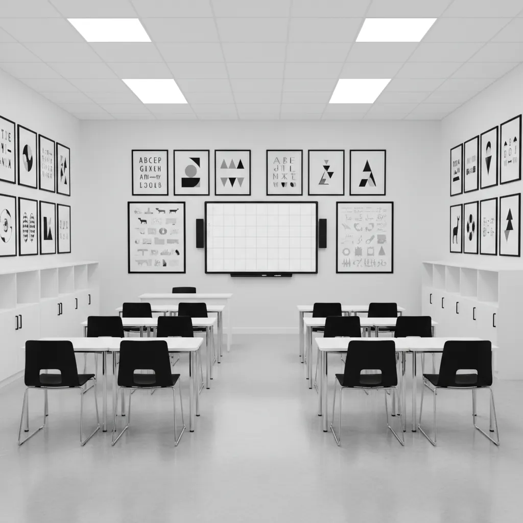 classroom with stark black and white decor that feels cold and minimal