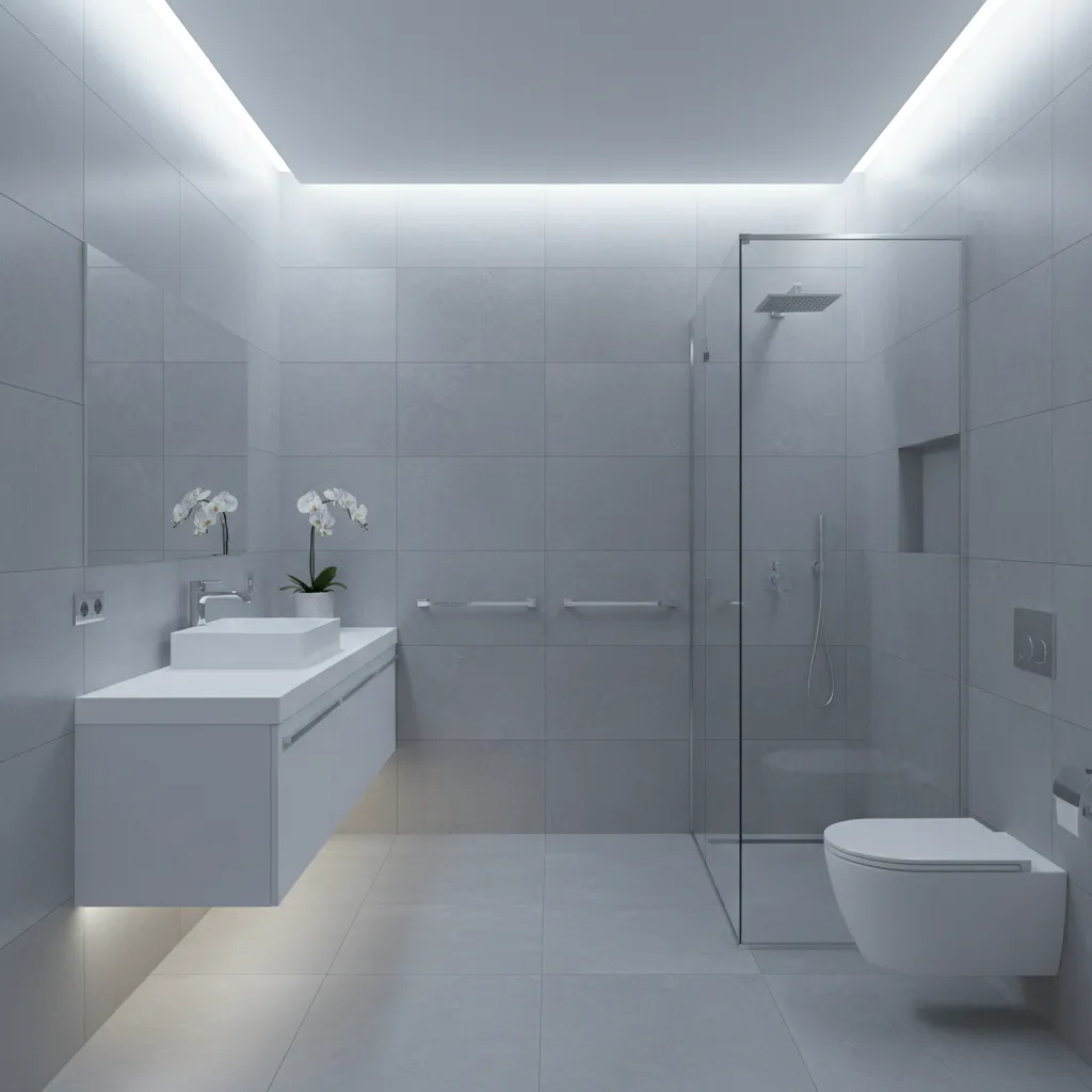Minimal gray bathroom with cool lighting and chrome fixtures