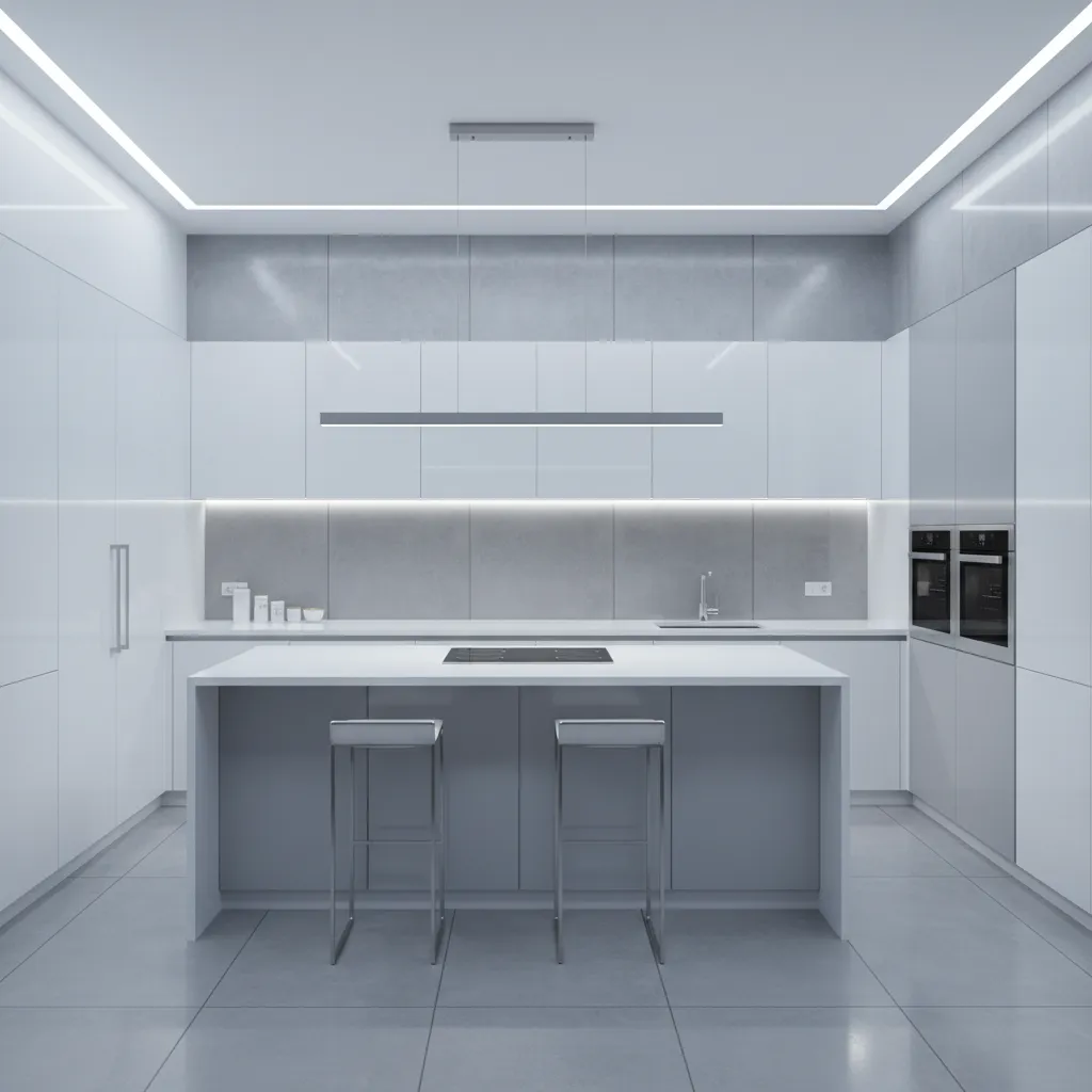 Kitchen with overly bright white lighting creating a cold atmosphere