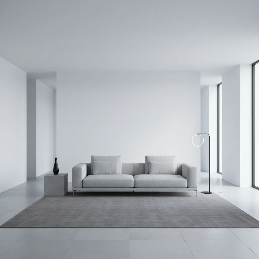 Cold minimalist living room with white walls and minimal furniture showing typical design mistake