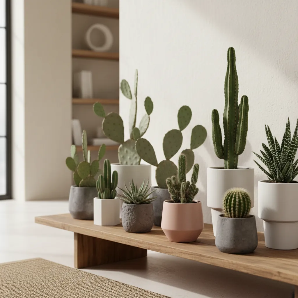 Collection of small cacti and succulents in various pots on a low wooden shelf indoors