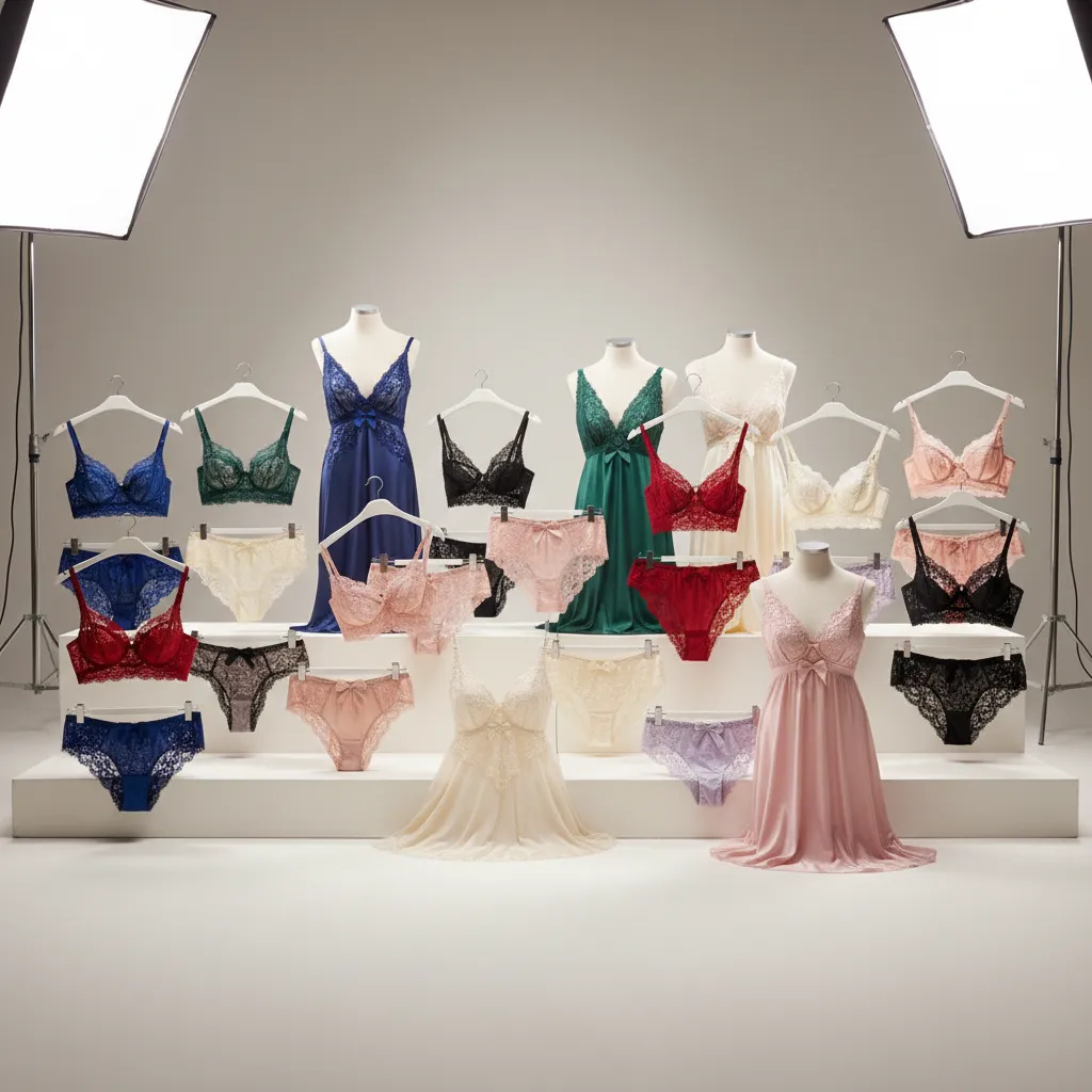 Lingerie collection including bras, panties, and nightgowns displayed on white stands under professional studio lighting