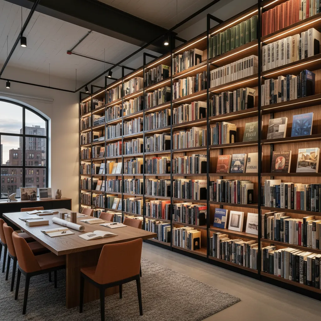 Large floor to ceiling bookshelf with lights next to wooden meeting table and orange chairs