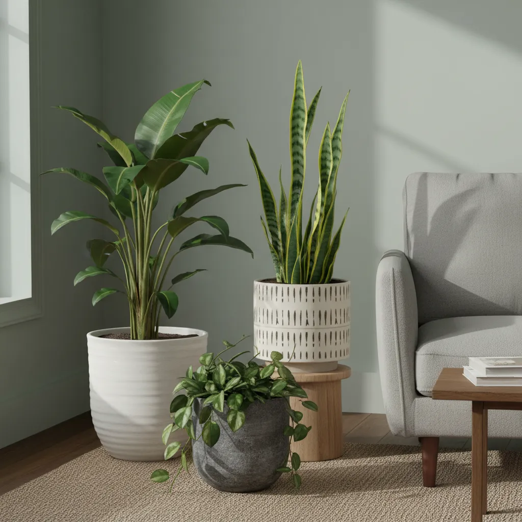 Grupo de plantas de interior en macetas modernas