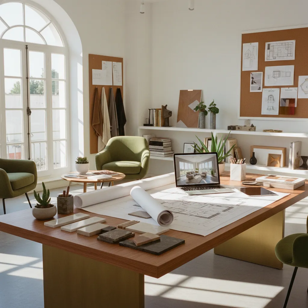 Interior design workspace with floor plans on a table laptop green chairs and material samples