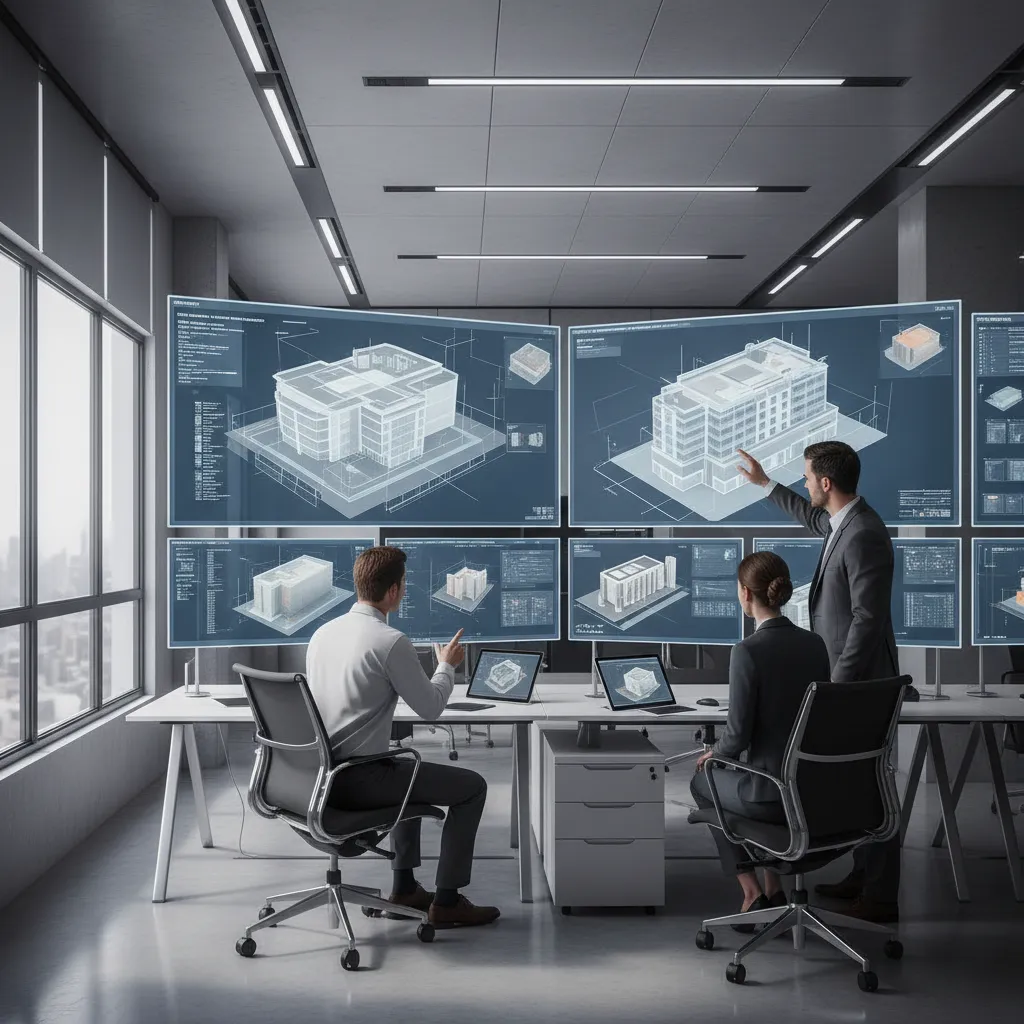 Multiple engineers working with shared 3D design models on collaborative digital screens