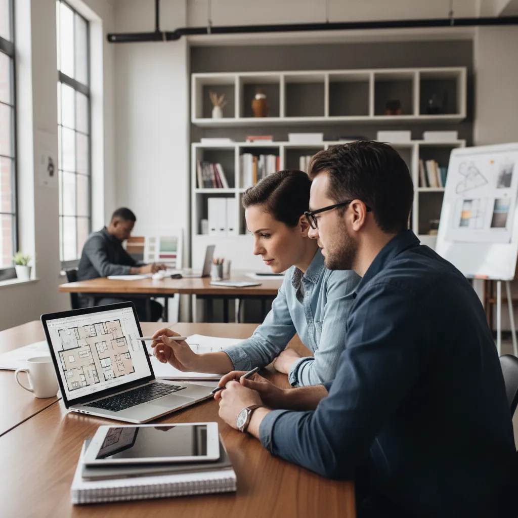 designers reviewing cloud based floor plan layout on laptop together