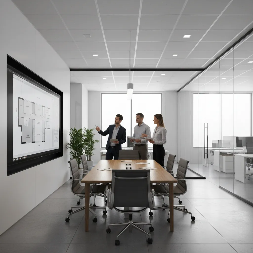 Team reviewing a digital floor plan together on a large screen