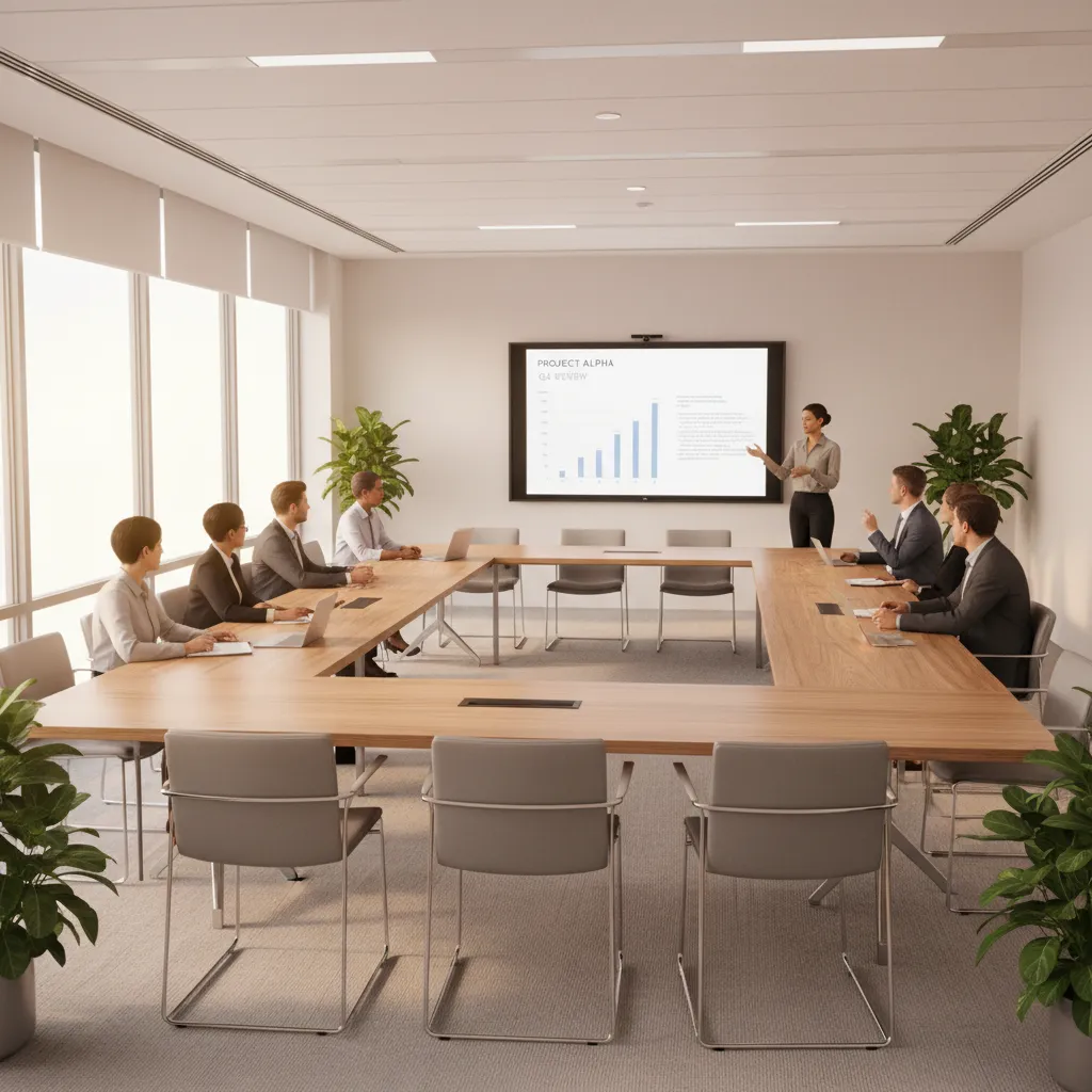 U-shaped collaborative meeting room layout encouraging discussion