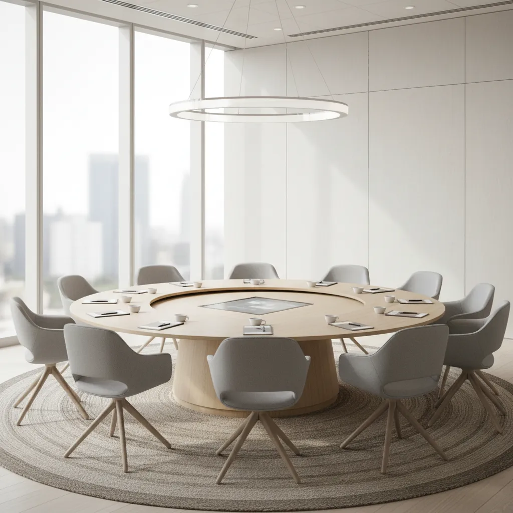 modern office meeting room with circular seating layout for collaborative discussion