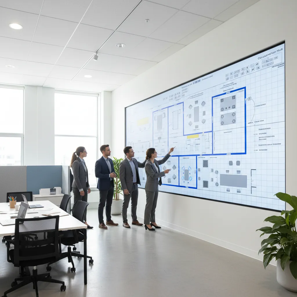 team reviewing office floor plan and electrical layout on large screen