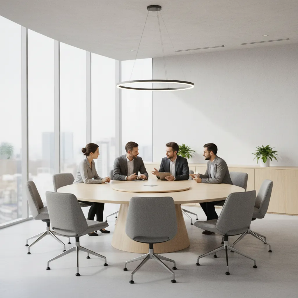 Business people sitting around round wooden table with grey chairs under ring shaped ceiling light
