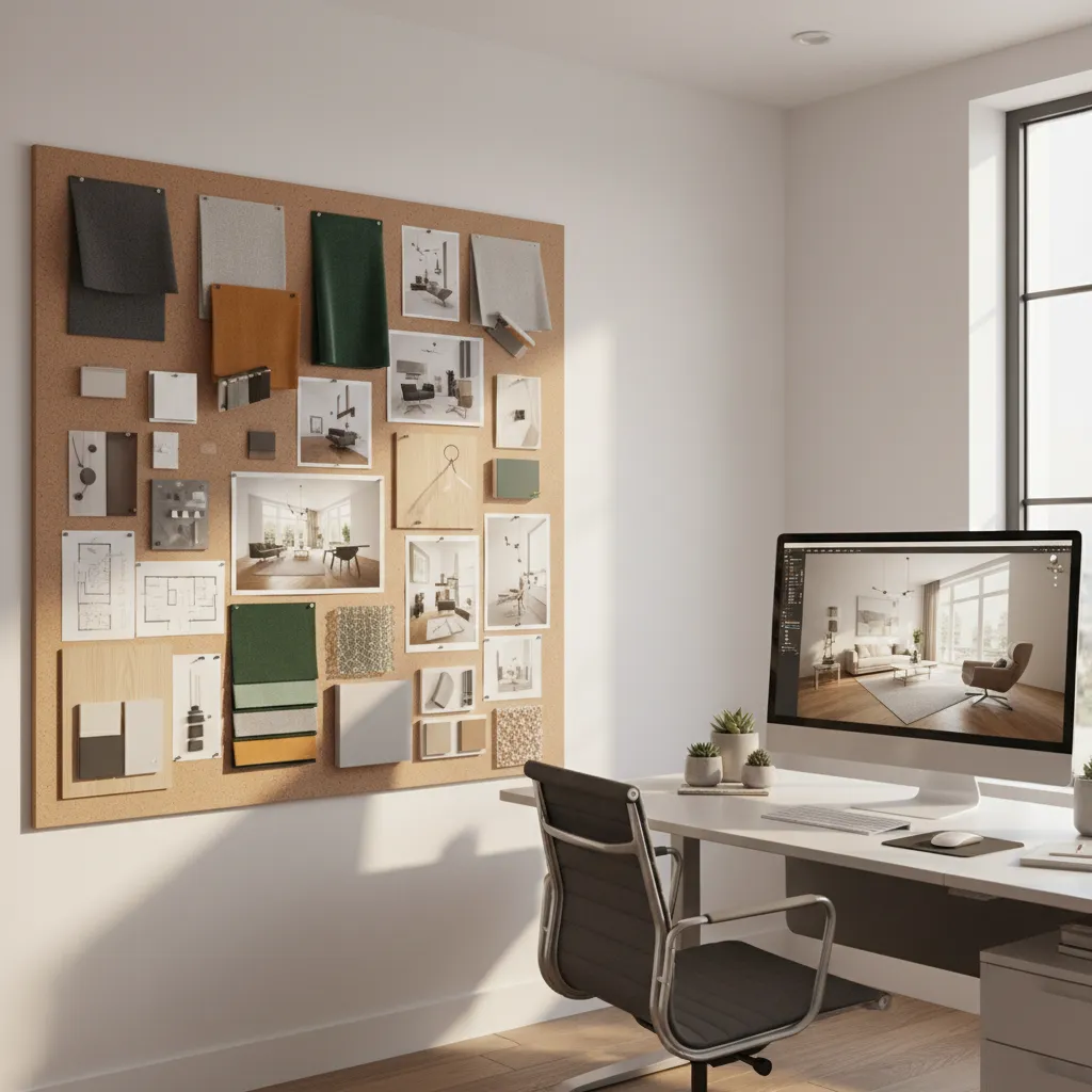 Pantalla con modelo 3D de interior junto a collage de inspiración