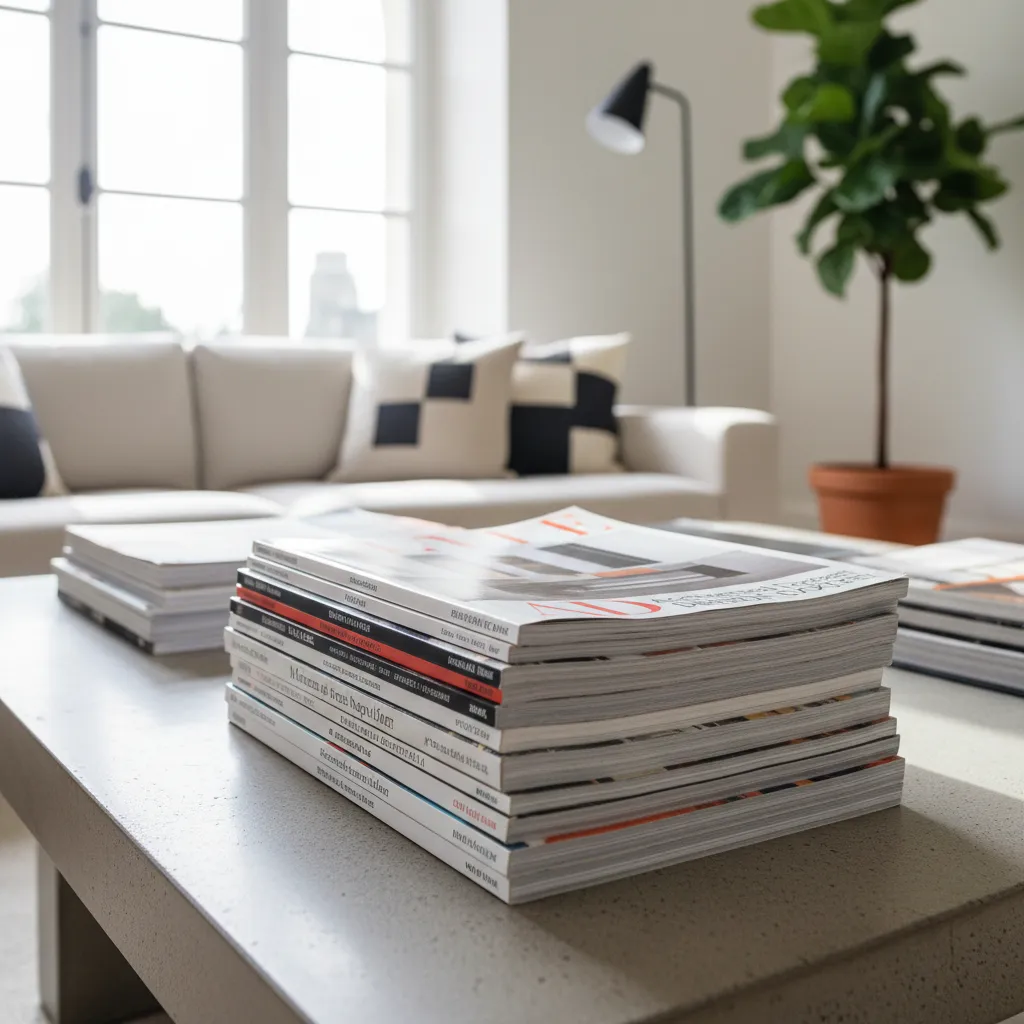 Colección de revistas de interiorismo y arquitectura apiladas en una mesa