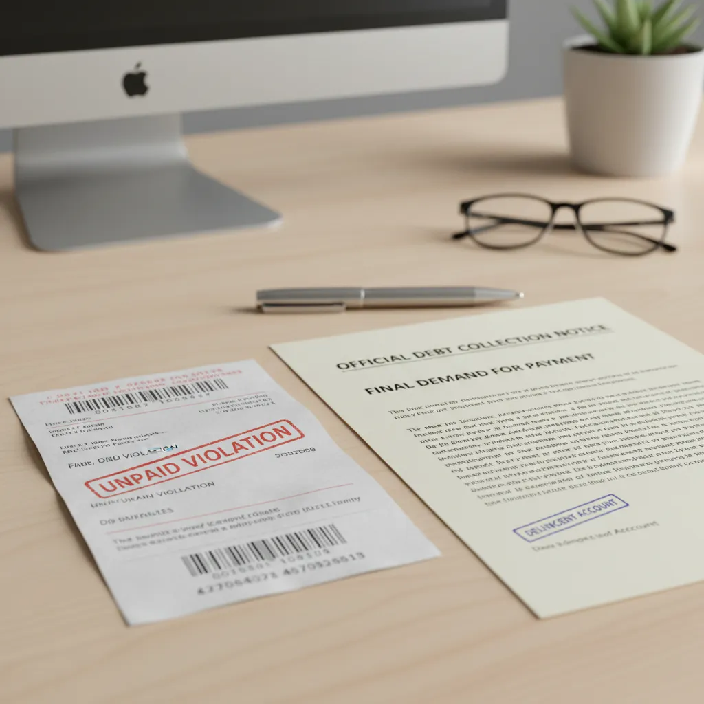 Debt collection notice letter next to traffic violation ticket