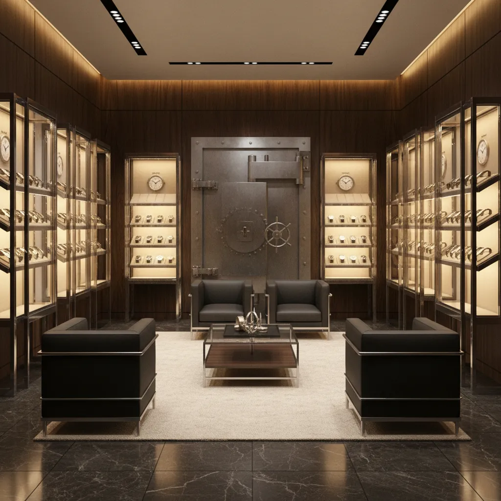 Luxury collector vault room with watch display cabinets and climate controlled storage
