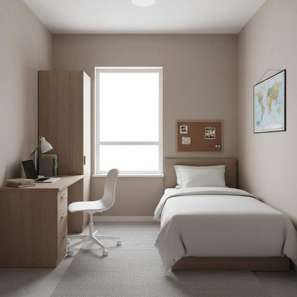 single student dorm room layout with bed desk and wardrobe